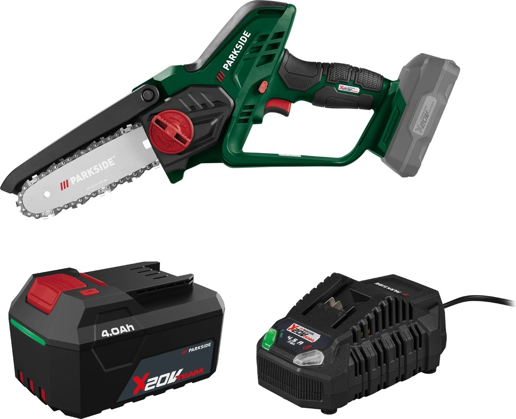 Parkside® Aku reťazová píla Paghs 20-Li C4 + Rýchlonabíjačka akumulátora 20 V/4,5 A PLG 20 C3 + Akumulátor 20 V/4 Ah PAP 204 A1 (800012960)
