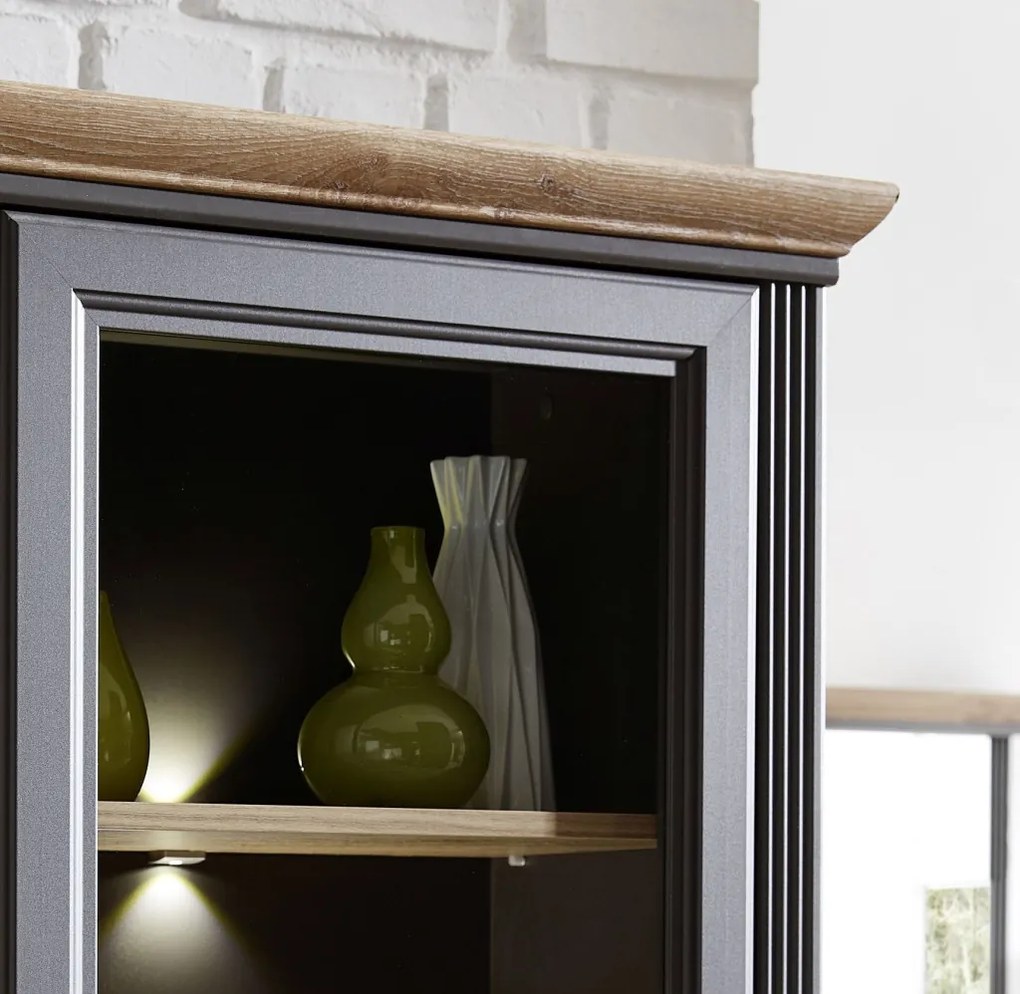 Nástavná vitrína s priehradkami Jasmin, grafit/dub, s osvetlením