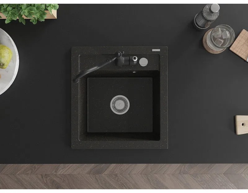 Mexen Vito, granitový drez 490x520x210 mm, 1-komorový a drezová batéria Carla, čierna-zlatá metalíza, 6503-75-670700-70