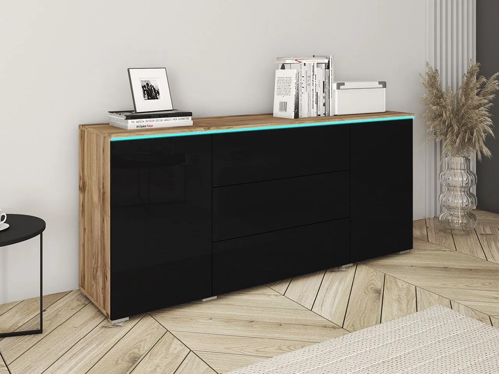 KOMODA ROXY 150, DUB WOTAN/ČIERNY LESK S LED OSVETLENÍM