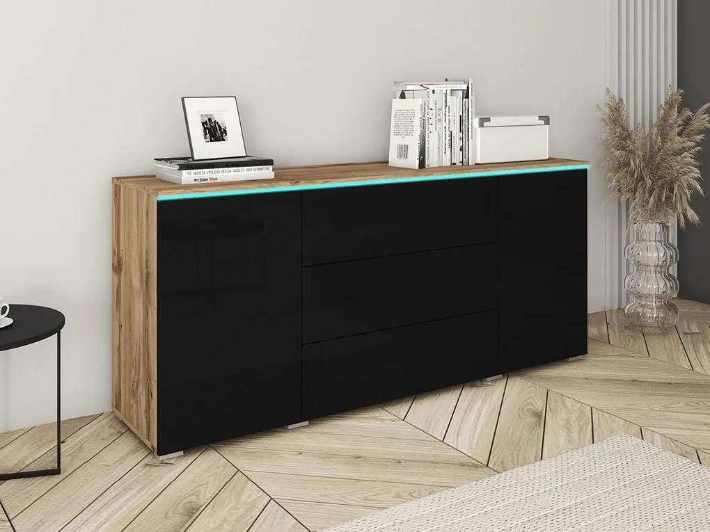 KOMODA ROXY 150, DUB WOTAN/ČIERNY LESK S LED OSVETLENÍM