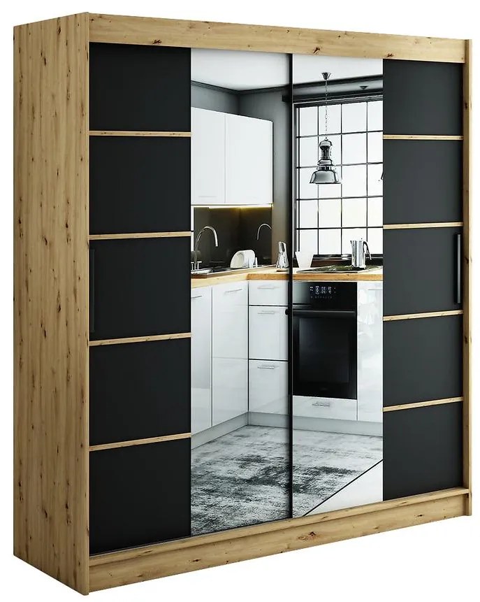 Skriňa Halifax V4 200 Dub Artisan/čierna/Zrkadlo