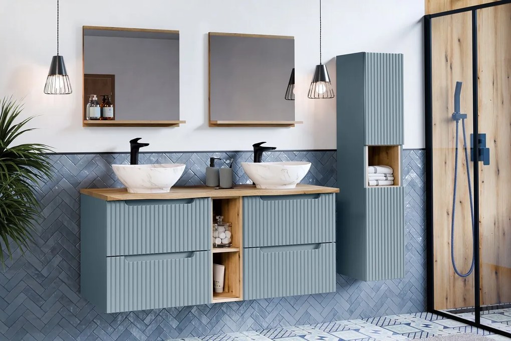 Závěsná skříňka pod umyvadlo Nova Denim s deskou a košem na prádlo 100 cm modrá/dub coast eovke