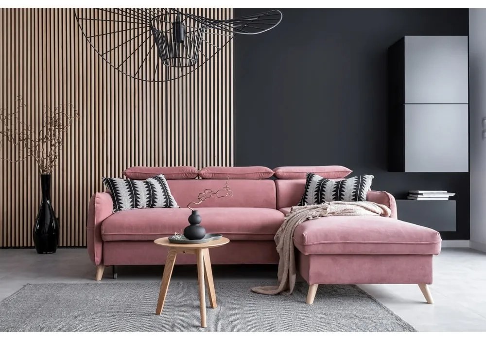 Svetloružová zamatová rozkladacia rohová pohovka (pravý roh) Sweet Harmony – Miuform