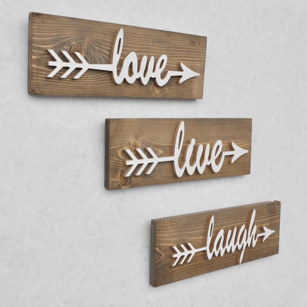 Nástenná drevená dekorácia LOVE LIVE LAUGH hnedá/biela