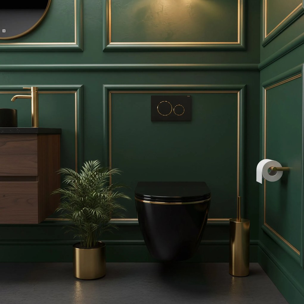 Rea Carlo Mini, závesné WC + toaletné sedadlo, čierna lesklá-zlatý okraj, REA-C4695