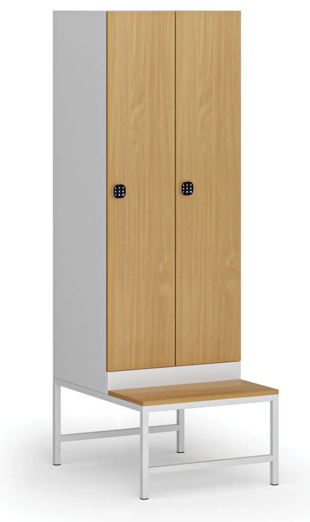 Šatníková skrinka S1 s lavičkou, 2 oddiely, 1875 x 600 x 500/800 mm, demont, kódový zámok, laminované dvere, buk