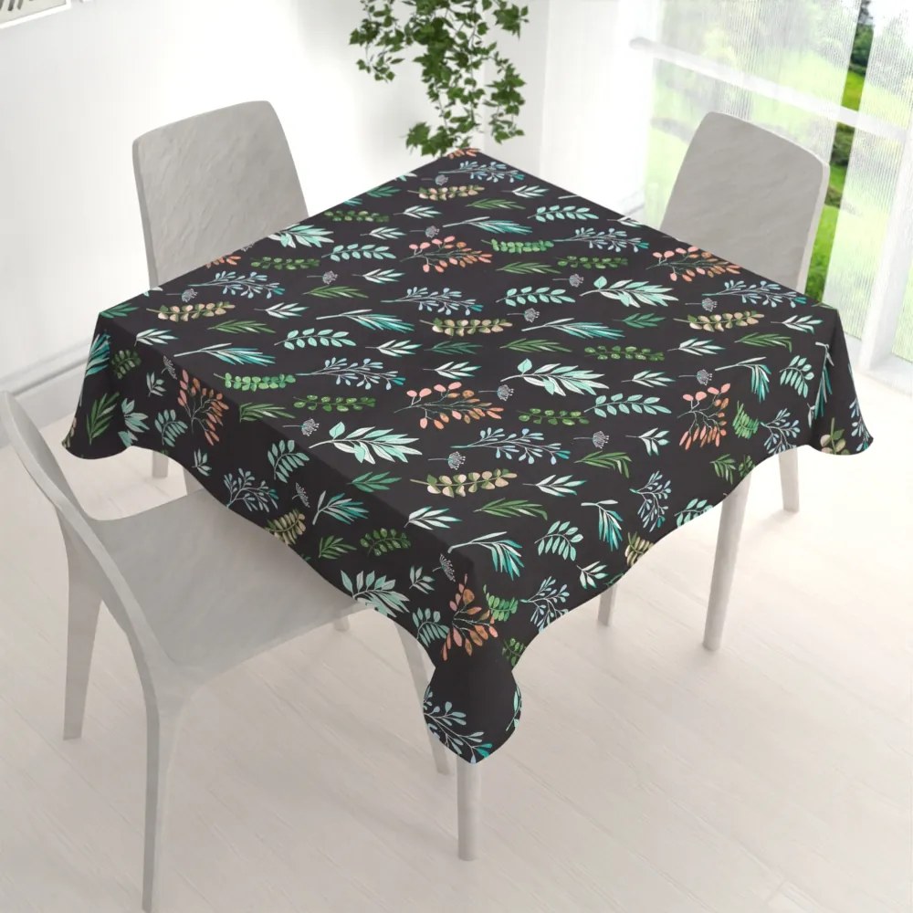 Biante Bavlnený štvorcový obrus Sandra SA-556 Vetvičky s lístkami na čiernom 80x80 cm
