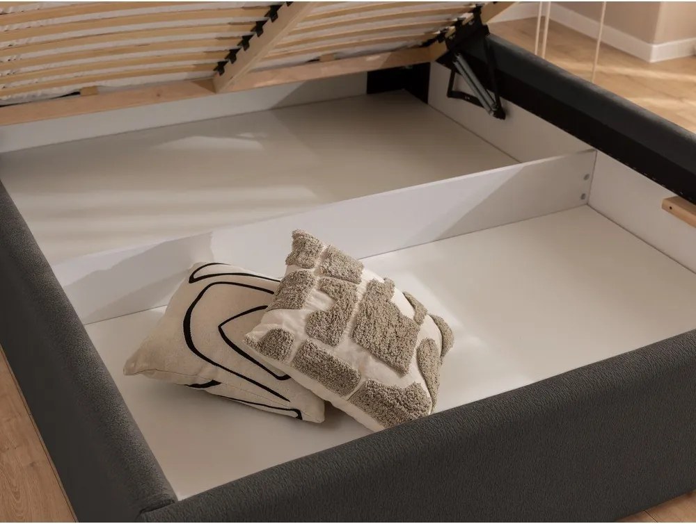 Tmavosivá čalúnená dvojlôžková posteľ s úložným priestorom s roštom 180x200 cm Cille – Ropez