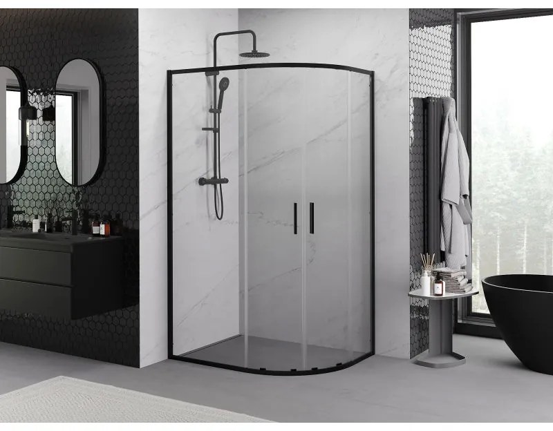 Mexen Exo, asymetrický sprchový kút s posuvnými dverami 90 x 80 cm, 6mm číre sklo, čierny profil, 8132-090-080-70-00