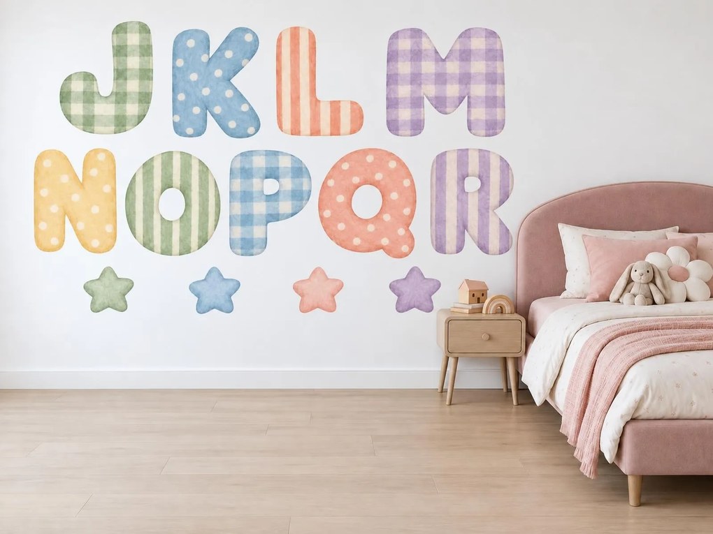 Plstená abeceda J až R vzorované textilné nálepky s písmenkami na stenu arch 46 x 32 cm