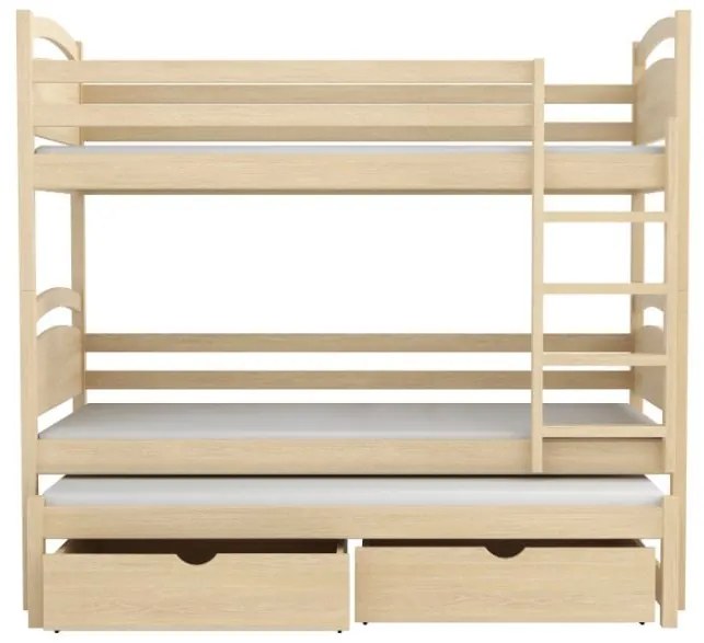 Detská poschodová posteľ z masívu borovice OLÍVIE s prístelkou a šuplíkmi - 200x90 cm - PRÍRODNÁ BOROVICA