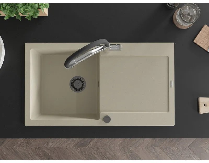 Mexen Leo, 1-komorový granitový drez 900x500x190 mm a drezová batéria Duo, béžová, 6501-69-671701-07-B