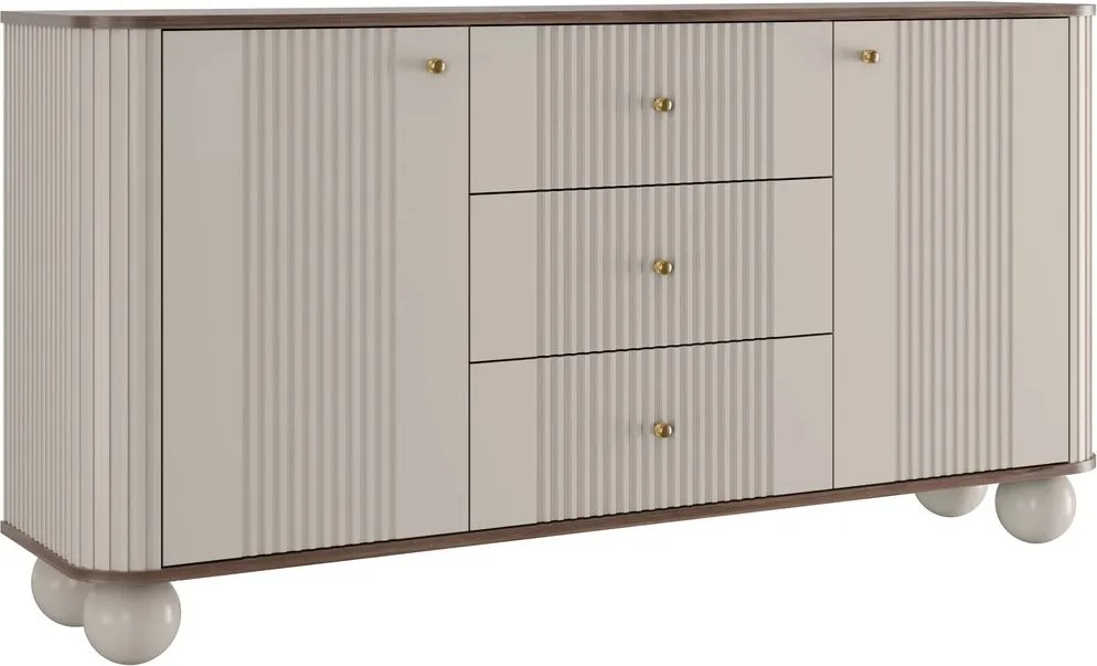 Komoda so zásuvkami Vesper 160 cm - kašmír / orech / zlaté úchytky / guľové nohy