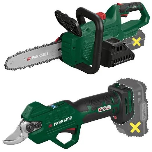 Parkside®  Aku reťazová píla Paks 20-Li E5 – bez akumulátora + Aku nožnice na konáre Paas 20-Li B1 – bez akumulátora  (800010701)