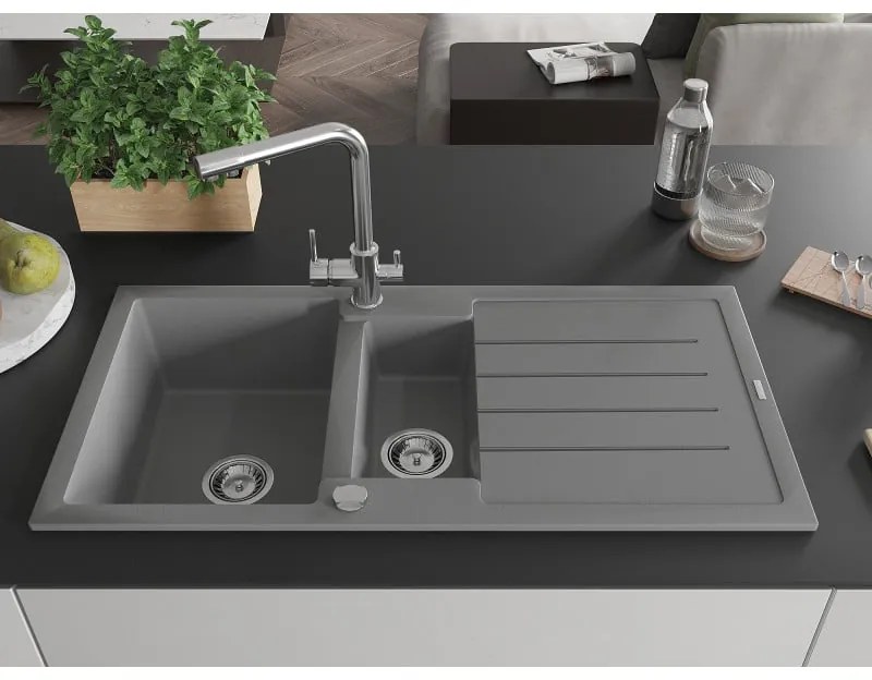 Mexen Andres, granitový drez 1000x500x200 mm, 1,5-komorový + chrómová batéria Duero, šedá, 6515-71-671600-00