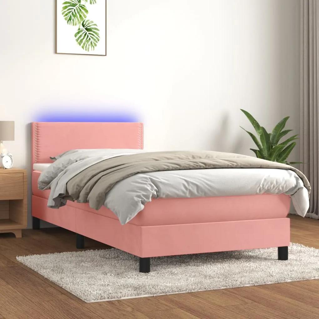 Posteľný rám boxsping s matracom a LED ružový 90x200 cm zamat 3134326