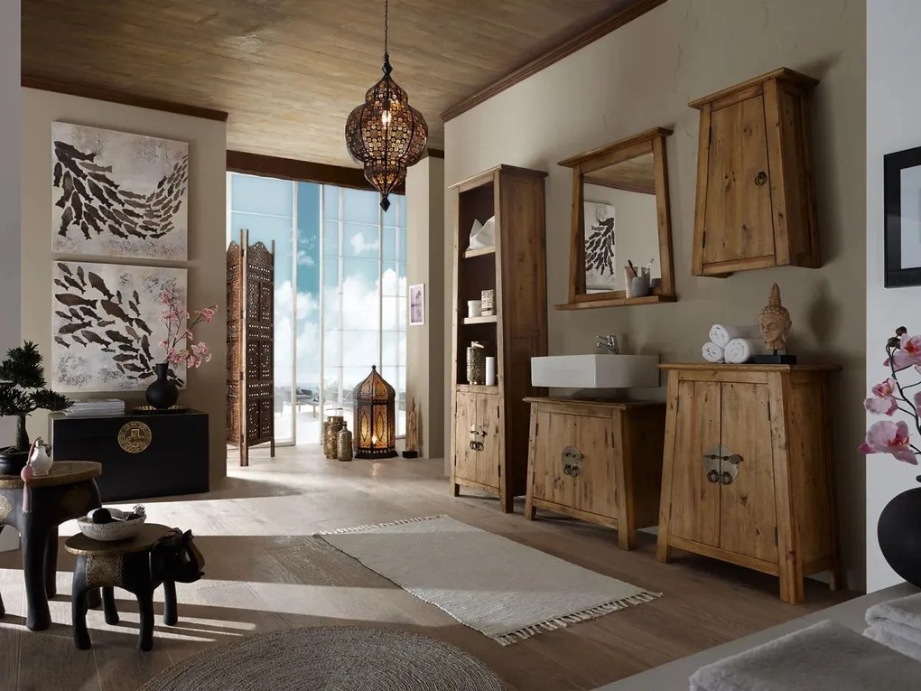furniture-nabytek.cz - Masivní koupelnové zrcadlo Rangún z recyklované borovice, lakované, hnědé – 70×12×77 cm