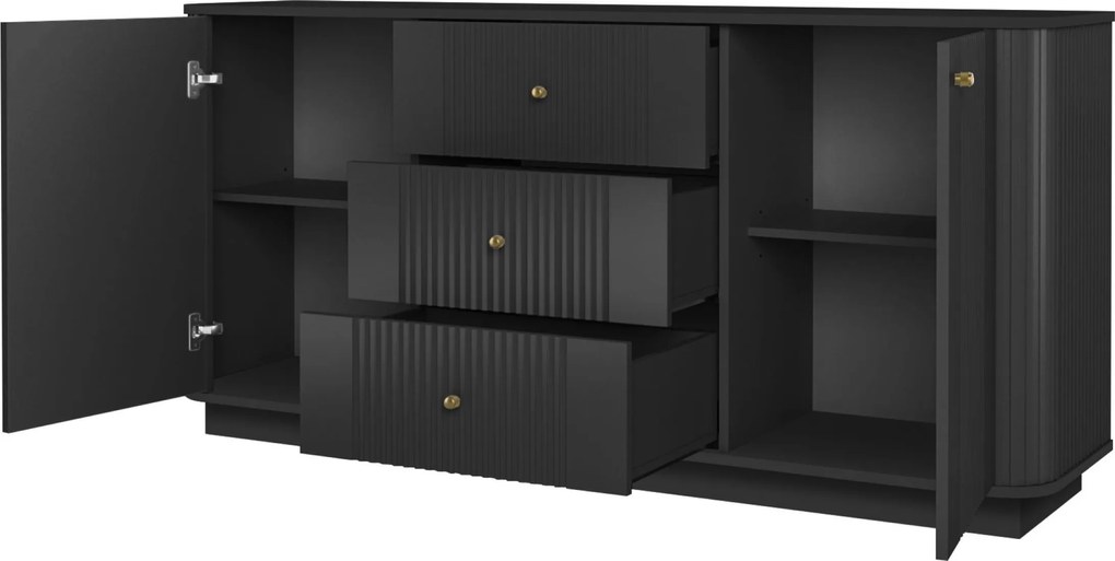 Komoda Vesper 160 cm so zásuvkami na sokli - čierna / zlaté úchyty