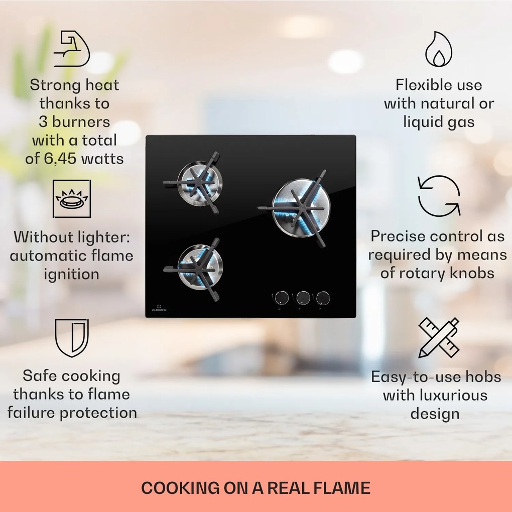 Klarstein Trifecta 3, plynová varná doska, 3 horáky, veľký, normálny a pomocný horák, sklokeramika