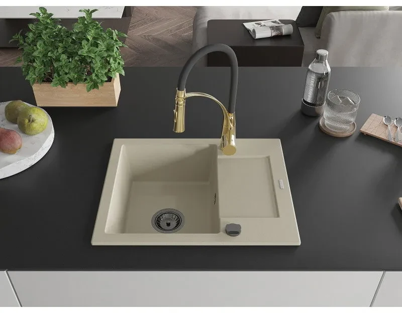 Mexen Enzo, 1-komorový granitový drez 576x465x174 mm a drezová batéria Aster, béžová, 6506-69-73450-57-B