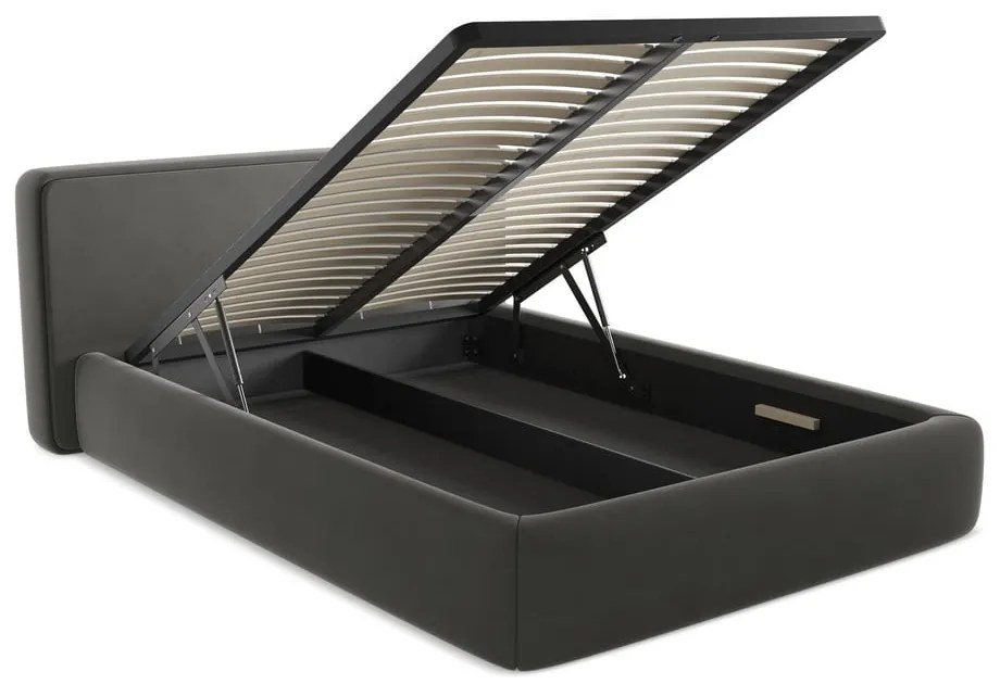 Tmavosivá čalúnená dvojlôžková posteľ s úložným priestorom s roštom 160x200 cm Kiana – Makamii