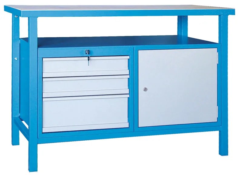 Dielenský pracovný stôl GD, smrek + buková preglejka, 3 zásuvky, 1 skrinka, 1190 x 600 x 850 mm, modrá