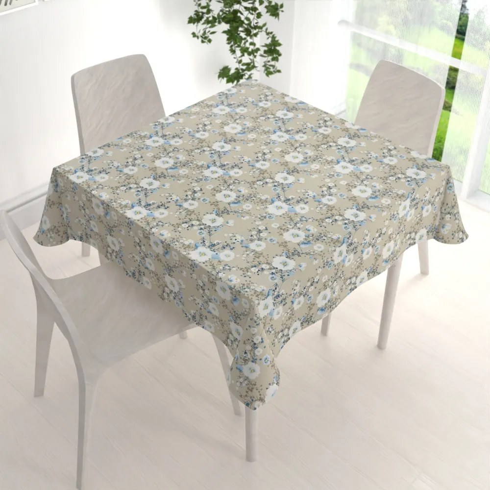 Biante Bavlnený štvorcový obrus Sandra SA-552 Modré popínavé kvety na béžovom 100x100 cm