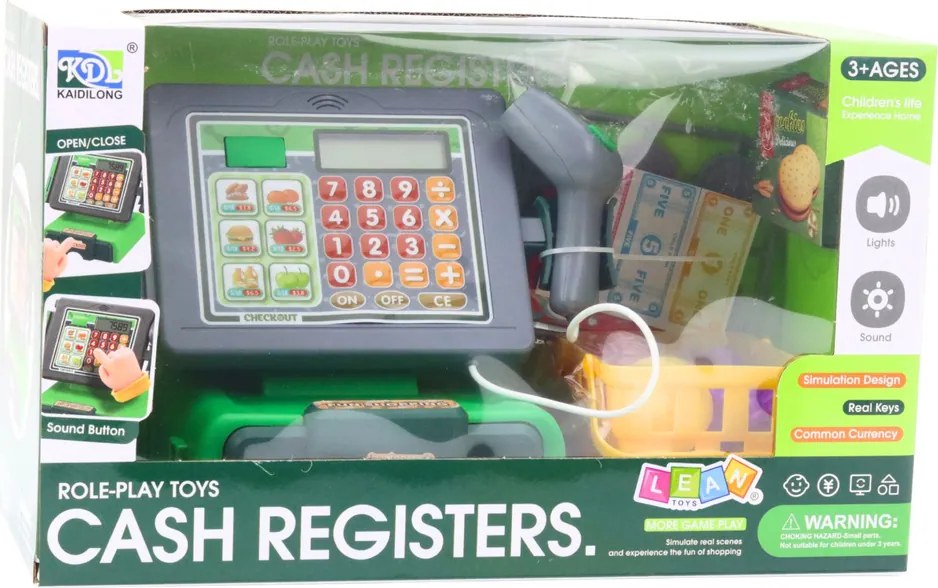 LEAN Toys Detská pokladňa s príslušenstvom, košík s ovocím, svetlá a zvuky, zelená