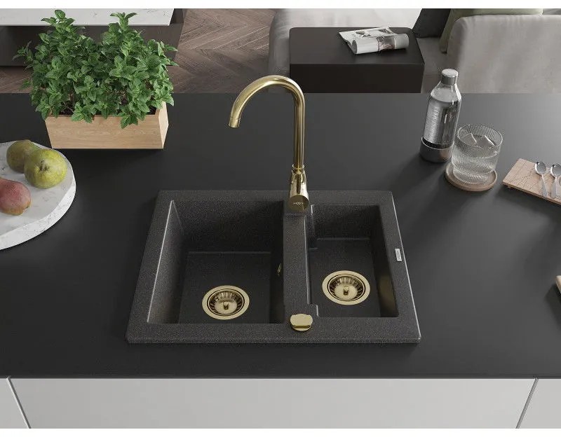Mexen Carlos, granitový drez 582x475x177 mm, 1,5-komorový, čierna škvrnitá so zlatým sifónom, 6518581500-76-G