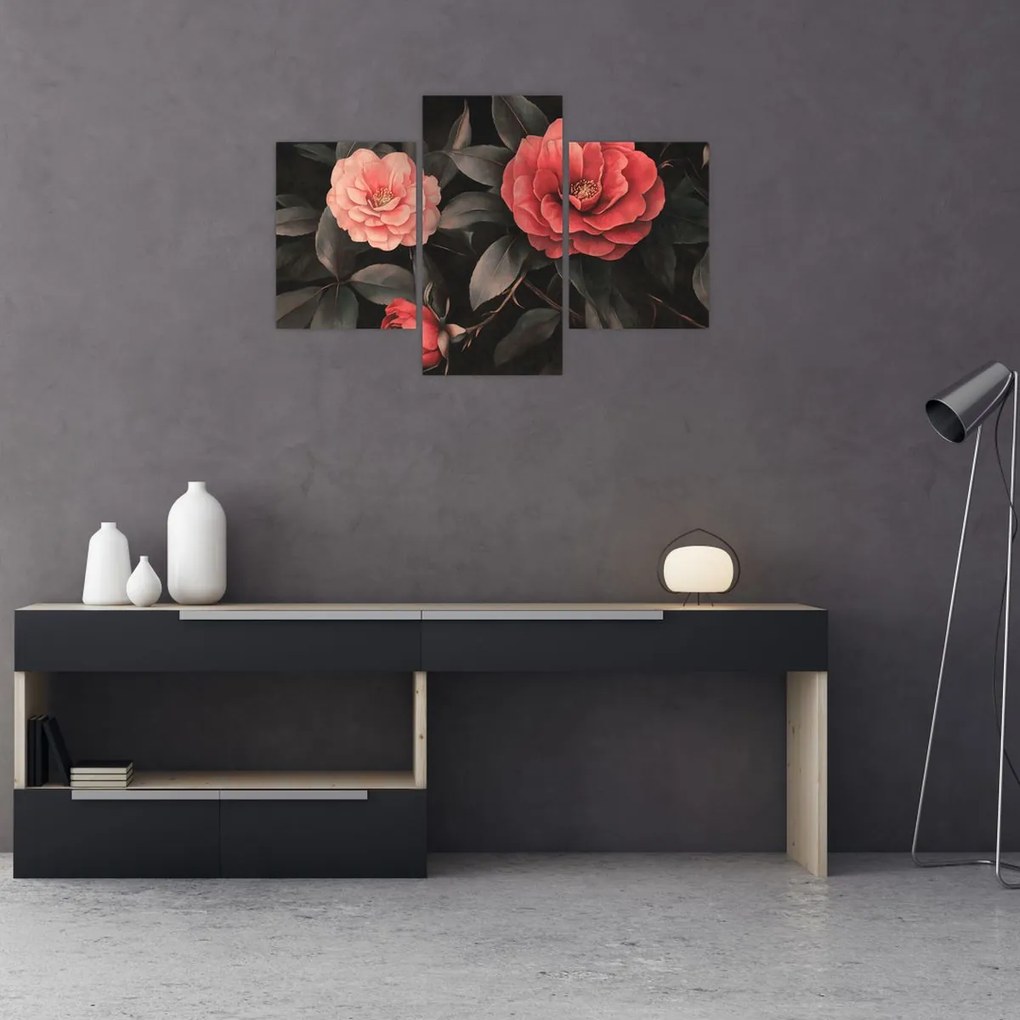Obraz - Červené kvety na tmavom pozadí (90x60 cm)