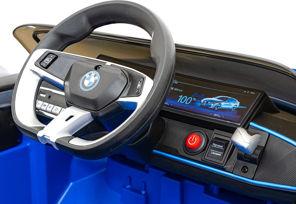 Ramiz Elektrické autíčko BMW i4 pre deti modré + diaľkové ovládanie + EVA + ekokoža + LED audio + pomalý štart