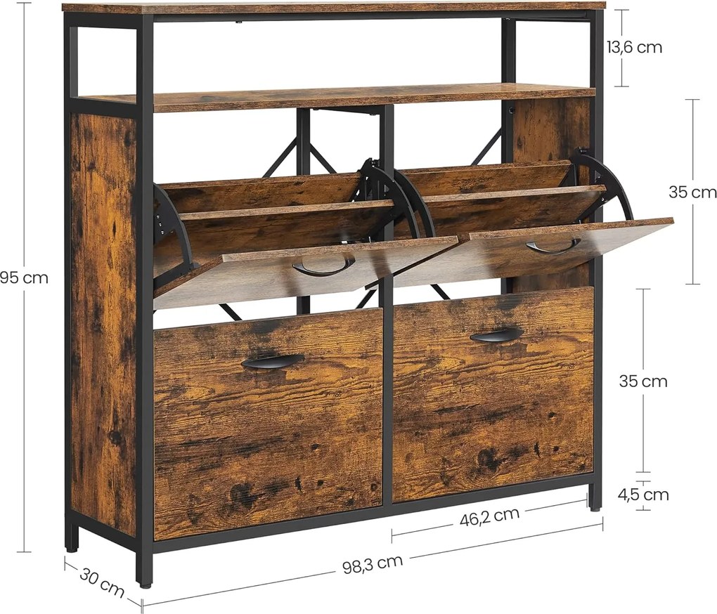 Skrinka na topánky, úžky botník so 4 dvierkami, rustikálny hnedý