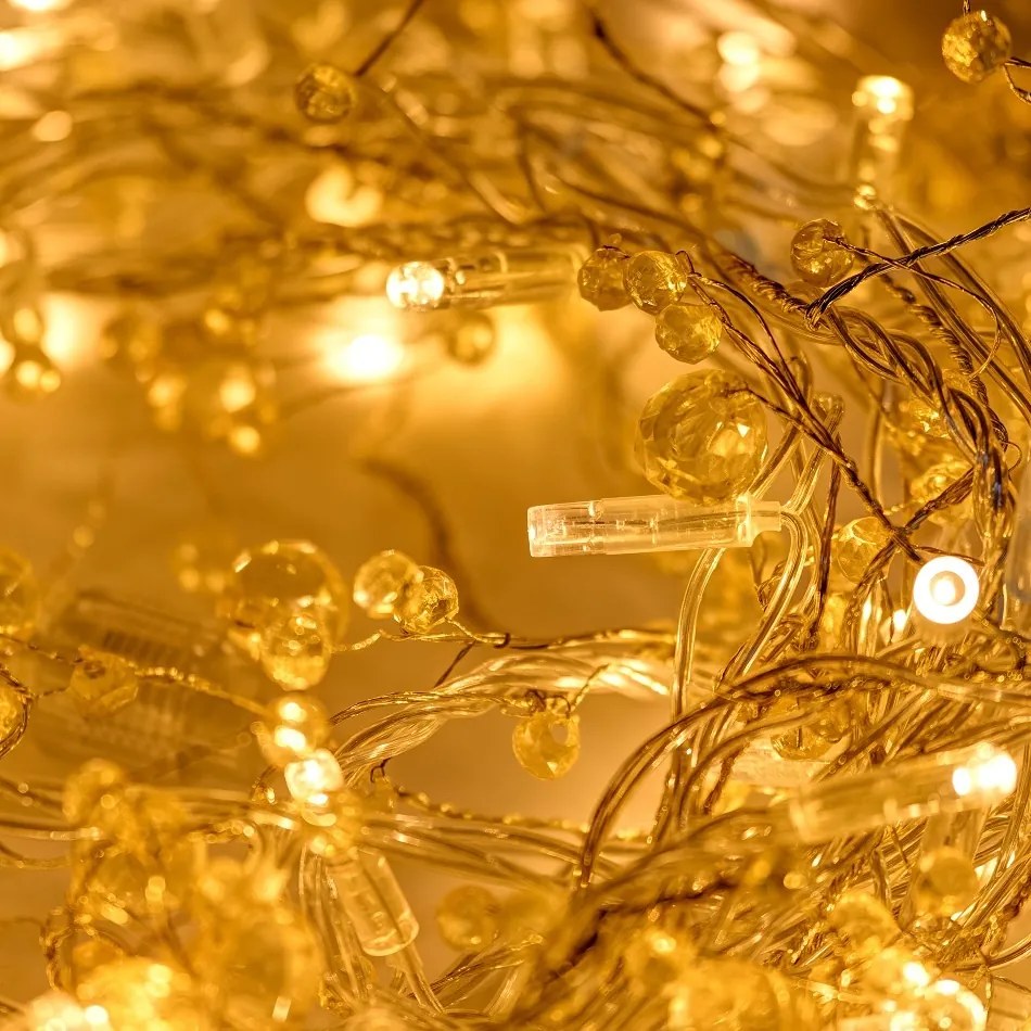 Svetelná reťaz s kryštálmi 8 m, teplá biela s bleskom, Eco Fix