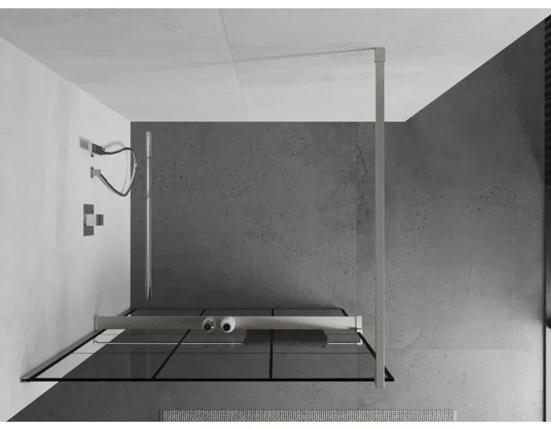 Mexen Kioto+, sprchová zástena Walk-In s poličkou a vešiakom 100 x 200 cm, 8mm číre sklo čierny vzor, brúsená oceľ profil, 800-100-121-97-77