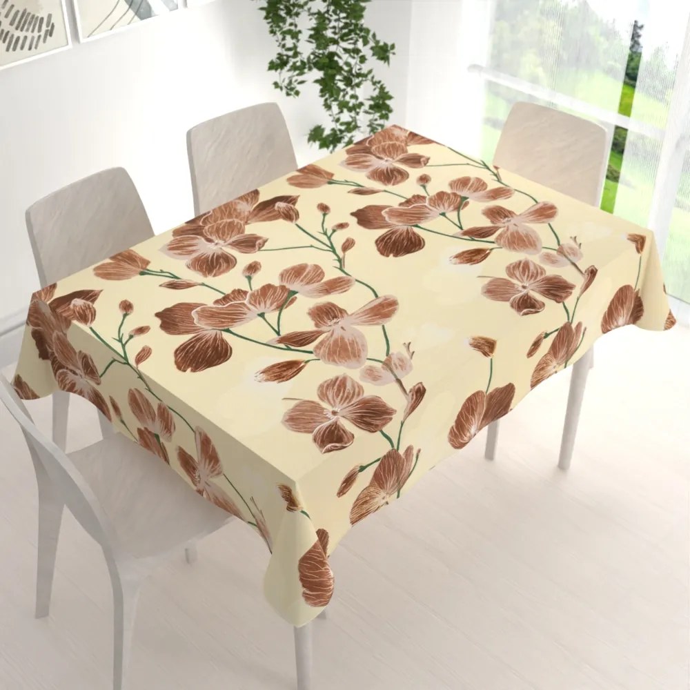 Biante Bavlnený obdĺžnikový obrus Sandra SA-536 Hnedé orchidey na vanilkovo žltom 120x180 cm