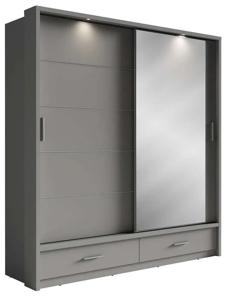 Šatníková skriňa s posuvnými dverami a osvetlením TESSA šedá + zrkadlo 200 x 215 x 63 cm