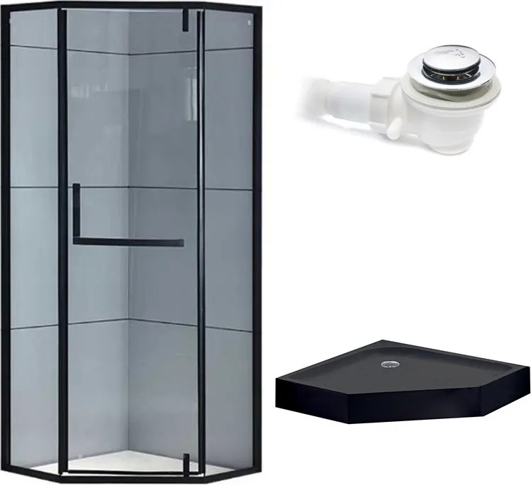 BPS-koupelny Päťuholníkový sprchový kút HYD-PK4026B 90x90 čierna/transparent + vanička HYD-PSV-SXL07B čierna