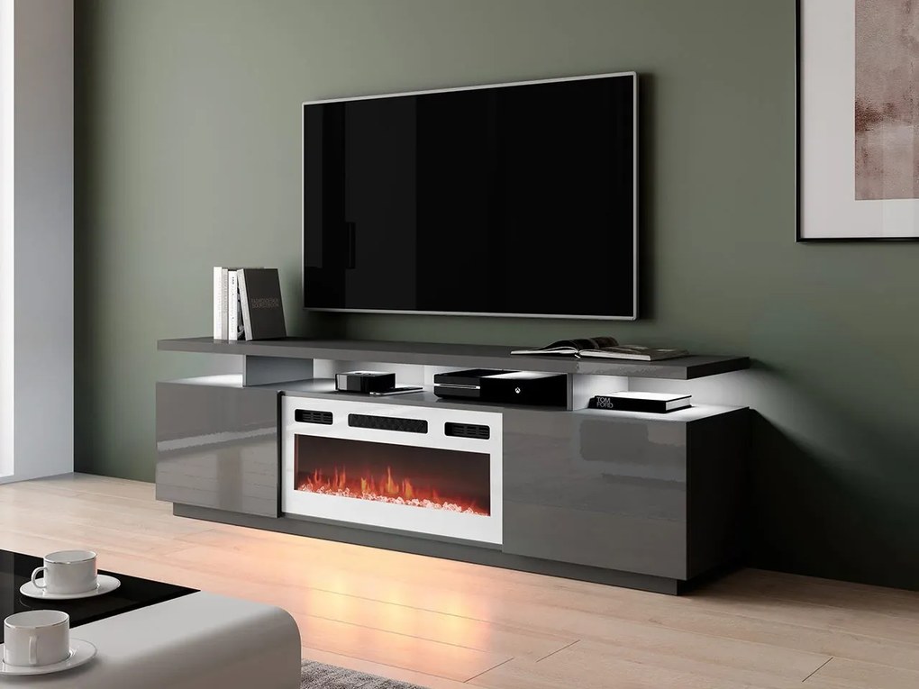 TV skrinka Aniceto s krbom, Osvetlenie: osvetlenie LED, Farby: čierny / čierny lesk, Krb: biely