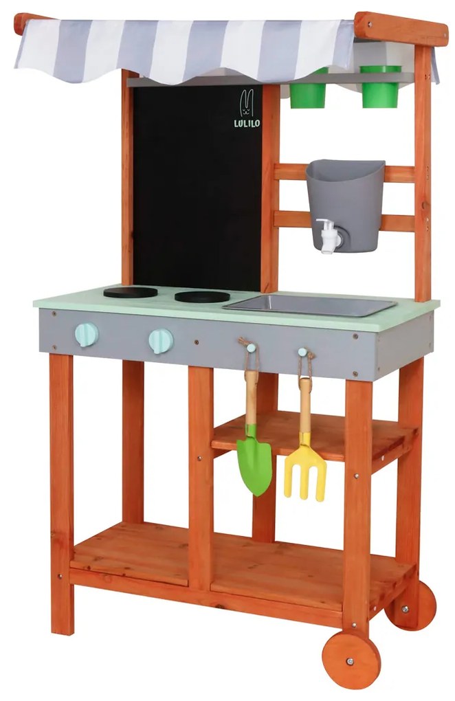 KIK Blatová drevená kuchynka pre deti - záhradná, mobilná, s príslušenstvom a umývadlom