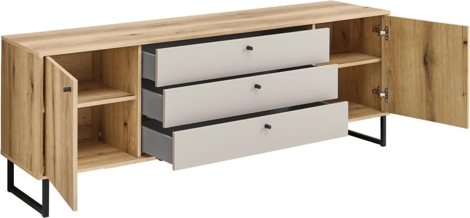 Široká TV skrinka Cube, dub evoke / pieskovo šedá