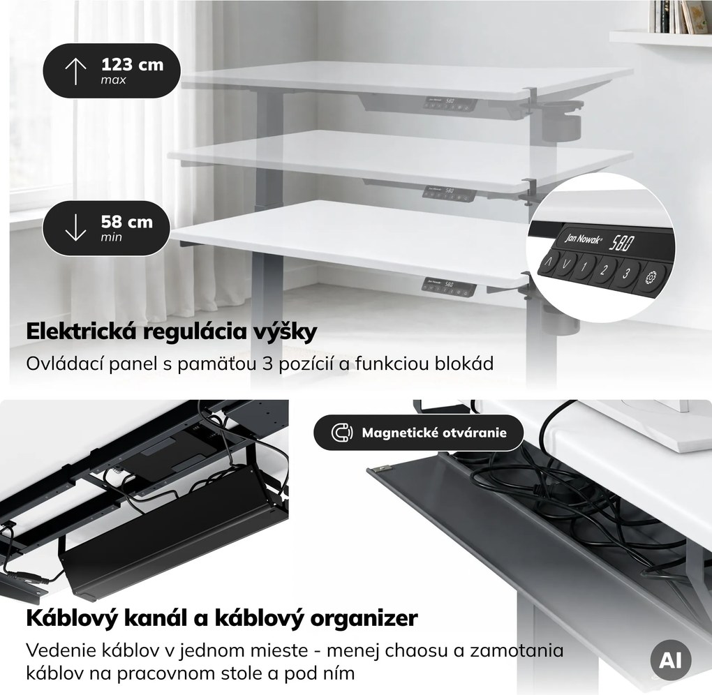 Elektrický stôl s nastavením výšky ergonomický antracitovo-bieli, 1200x600 mm: ARIA