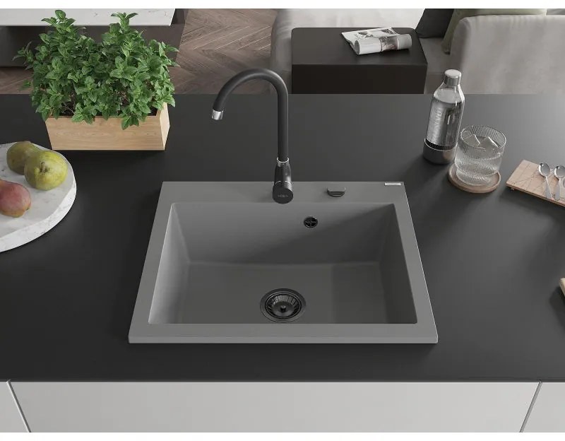 Mexen Elix, 1-komorový granitový drez 600 x 500 mm, sivý, čierny sifón - 6525601005-71-B