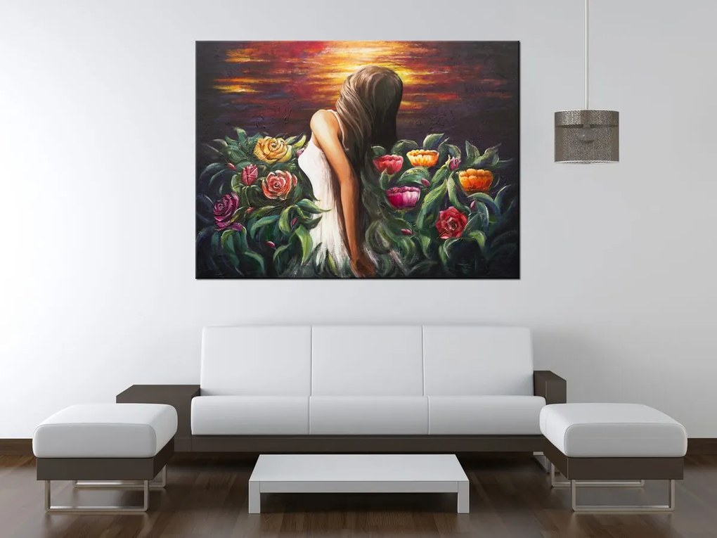 Gario Ručne maľovaný obraz Žena medzi kvetmi Rozmery: 70 x 100 cm