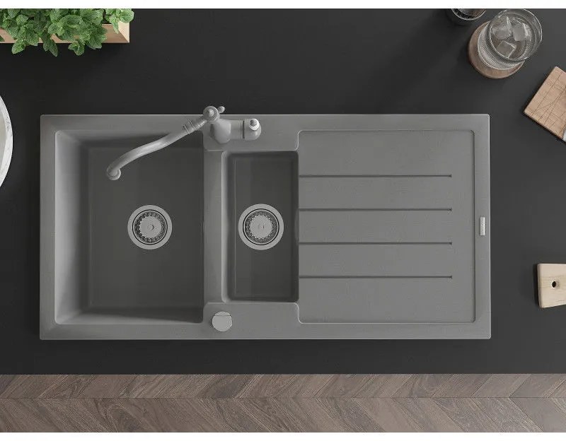Mexen Andres, granitový drez 1000x500x200 mm, 1,5-komorový a drezová batéria Carla, šedá, 6515-71-670700-71