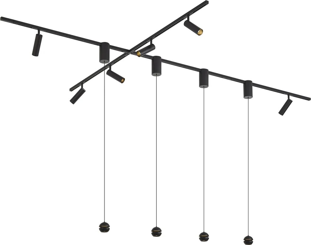 Moderný koľajnicový systém čierny so 6 bodovými svetlami a 4 závesnými svietidlami Easylift 1-fázový - Slimline Uzzy Tira