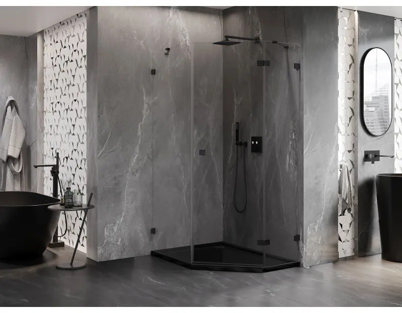 Mexen Lunar, pravý výklopný päťuholníkový sprchový kút 90 x 100 cm, 8mm číre sklo, čierny profil, 831-090P-100L-70-00-P