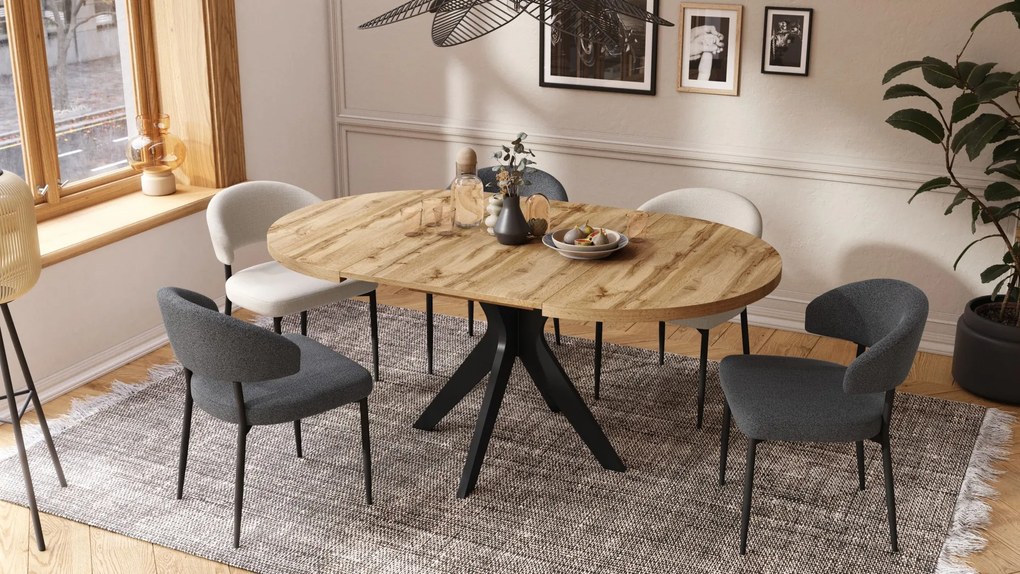 RENZO Dub Wotan/čierna noha - OKRÚHLY STÔL Ø110 ROZKLADACÍ DO 180 cm | DO KUCHYNE JEDÁLNE OBÝVAČKY RETRO