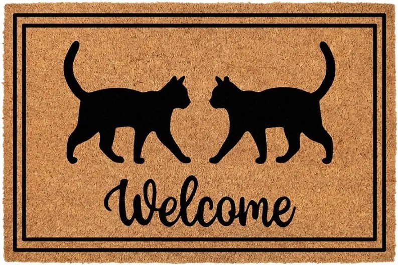 Hnedá kokosová rokožka s mačkami Welcome - 75*45*1 cm