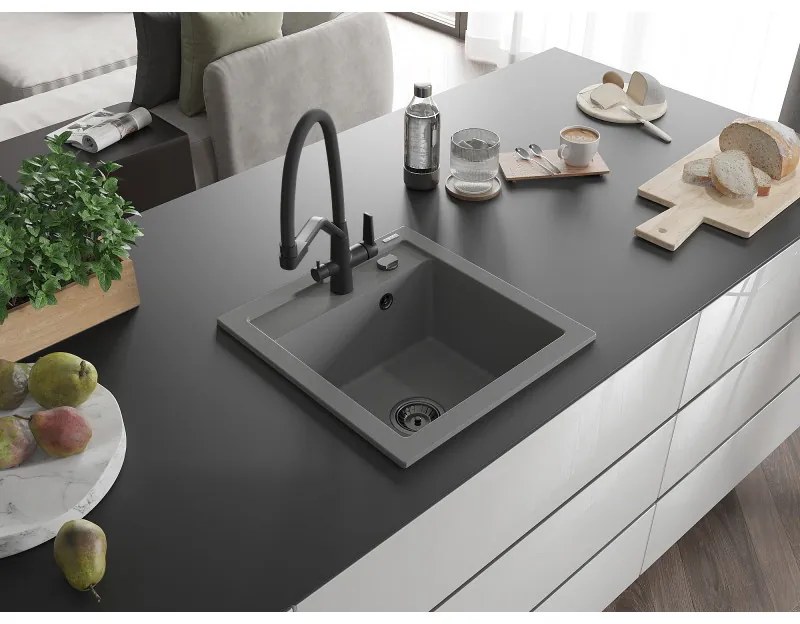 Mexen Vito, 1-komorový granitový drez 520x490x210 mm, drezová batéria Duo, šedá, 6503-71-671701-70-B